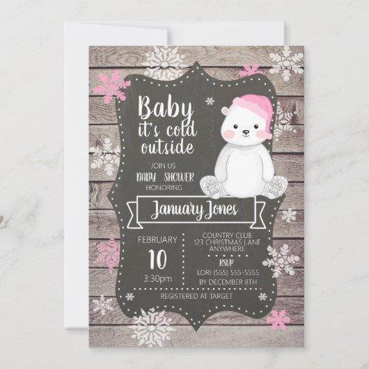 Invitation de Baby shower de fille d'ours polaire  (Devant)