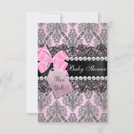 Invitation de Baby shower de fille en damas rose e (Devant)