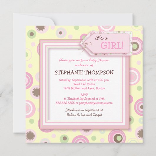 Invitation de Baby shower de filles aux joyeux poi (Devant)