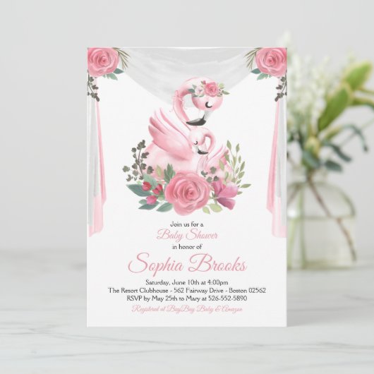 Invitation de baby shower de Flamant rose (Debout devant)
