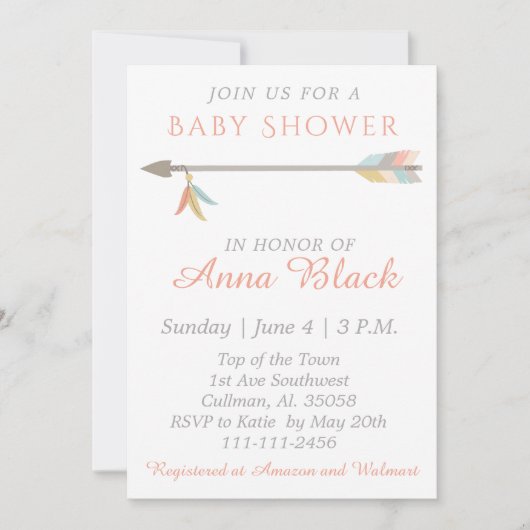 Invitation de baby shower de flèche et de plume (Devant)