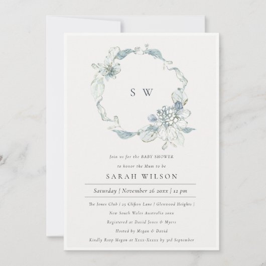 Invitation de Baby shower de fleurs bleu doux (Devant)