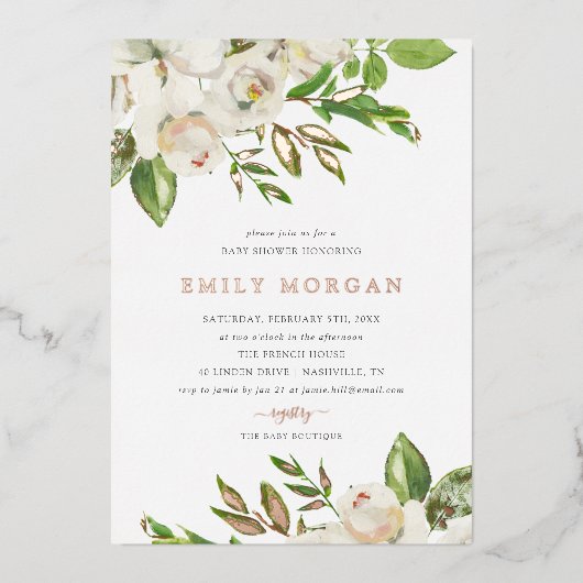 Invitation de Baby shower de fleurs dorées (Recto)