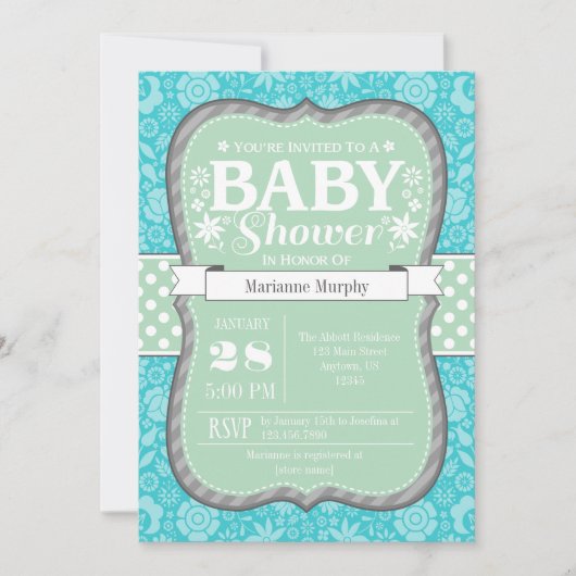 Invitation de Baby shower de fleurs Turquoise de M (Devant)