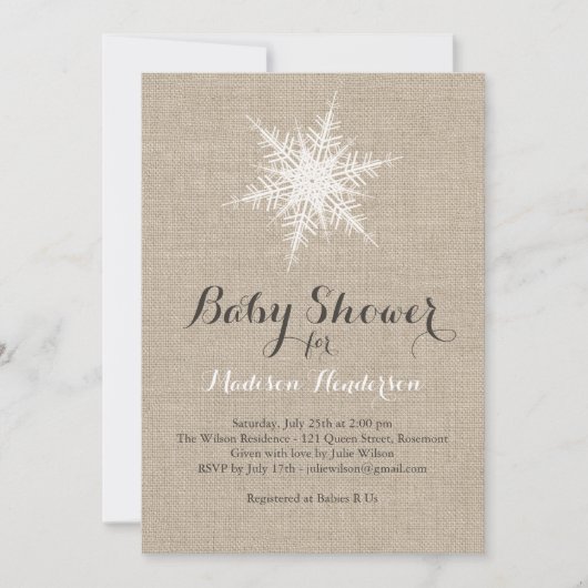 Invitation de Baby shower de flocon de neige rusti (Devant)