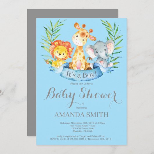 Invitation de baby shower de garçon d'animaux de (Devant / Derrière)