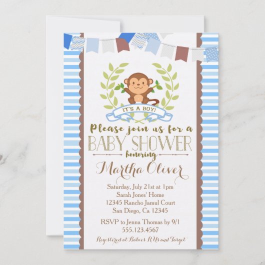 Invitation de baby shower de garçon de singe (Devant)