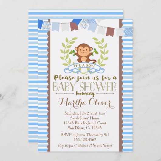 Invitation de baby shower de garçon de singe (Devant / Derrière)