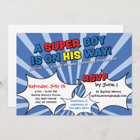 Invitation de Baby shower de garçon super héros (Devant / Derrière)
