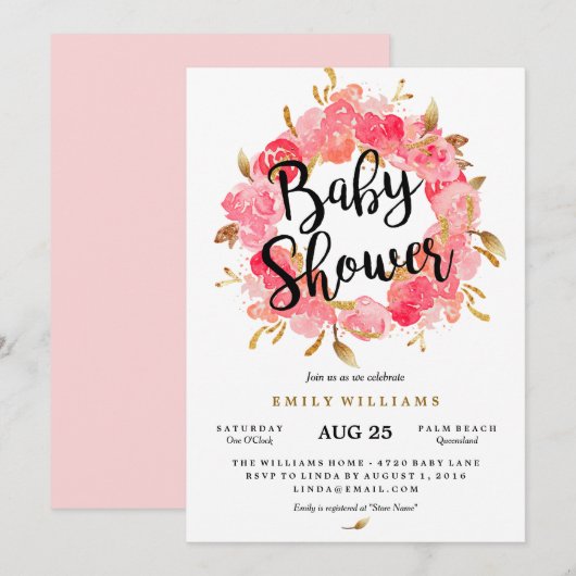 Invitation de Baby shower de germe rose or (Devant / Derrière)