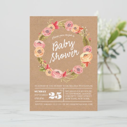 Invitation de Baby shower de germes floraux rustiq (Debout devant)