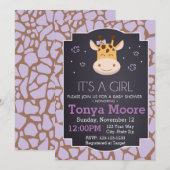 Invitation de Baby shower de girafe pourpre (fille (Devant / Derrière)