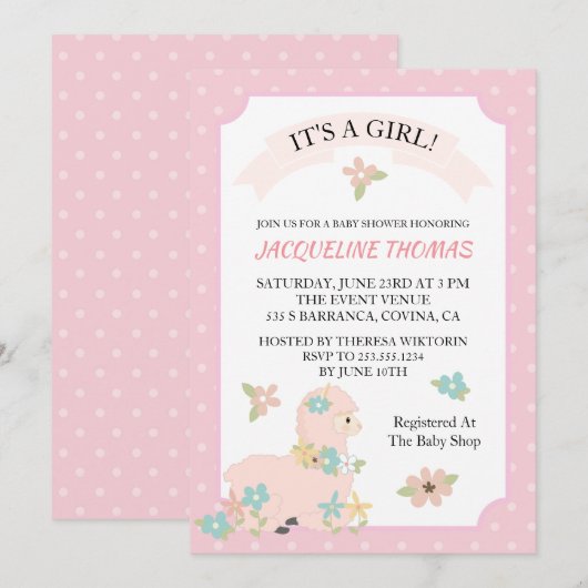 Invitation de Baby shower de Girl Llama (Devant / Derrière)