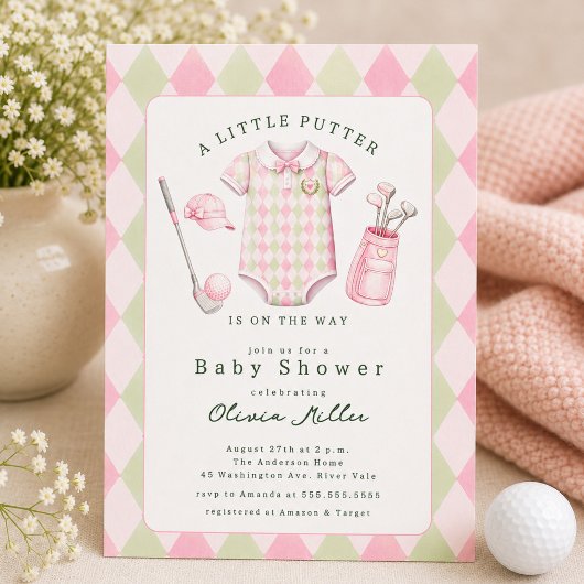 Invitation de baby shower de golf rose