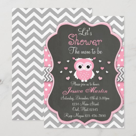Invitation de baby shower de hibou, Chevron, (Devant / Derrière)