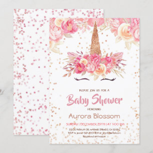 Invitation de Baby shower de la licorne rose et or