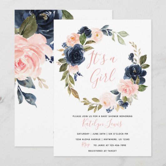 Invitation de Baby shower de la Marine et du Blush (Devant / Derrière)