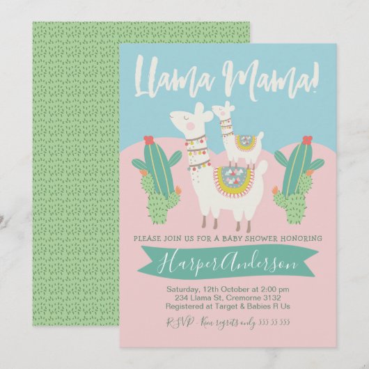 Invitation de baby shower de lama et de cactus (Devant / Derrière)