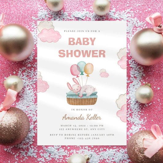 Invitation de Baby shower de lapin dormant rose