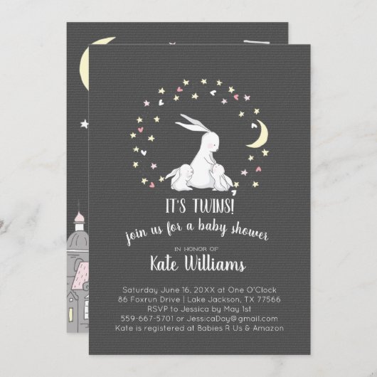 Invitation de Baby shower de lapin Twins (Devant / Derrière)
