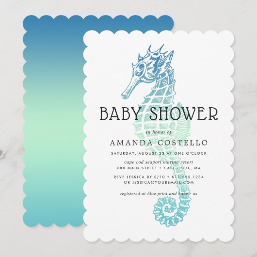 Invitation de Baby Shower de l'élégant hippocampe (Devant / Derrière)