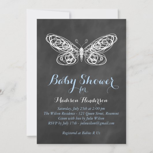 Invitation de Baby shower de papillon - bleu (Devant)