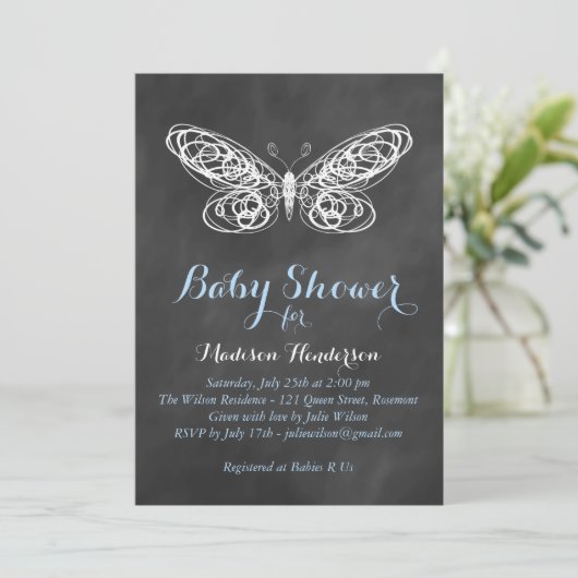 Invitation de Baby shower de papillon - bleu (Debout devant)