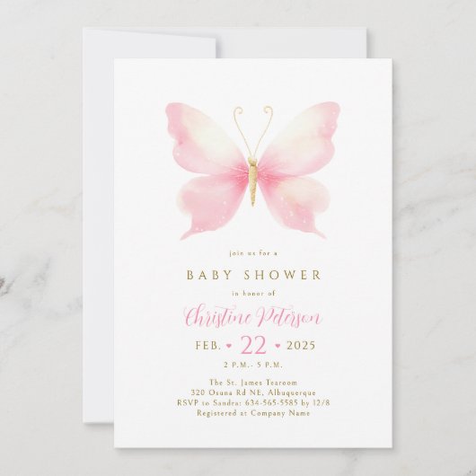 Invitation de Baby shower de papillon rose (Devant)