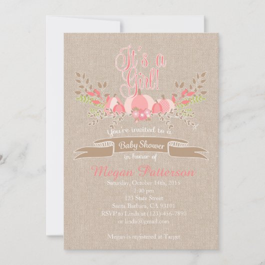 Invitation de Baby shower de petit Citrouille rose (Devant)