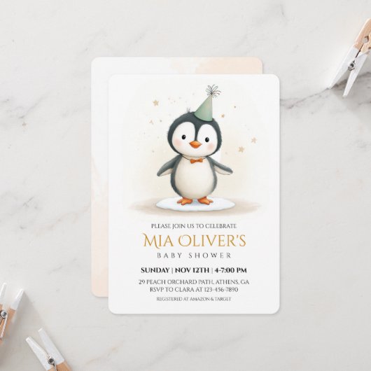 Invitation de Baby shower de pingouin (Devant/Arrière en situation)