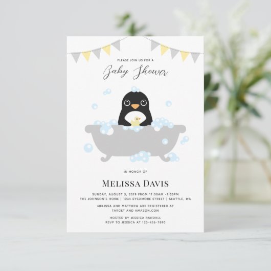 Invitation de Baby shower de pingouin (Debout devant)