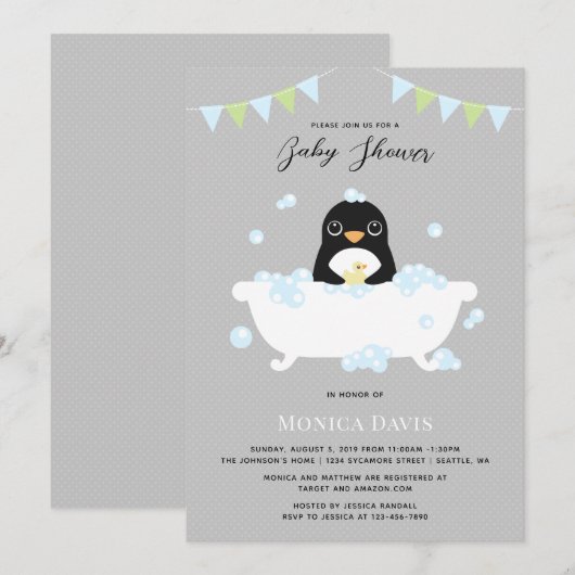 Invitation de Baby shower de pingouin (Devant / Derrière)