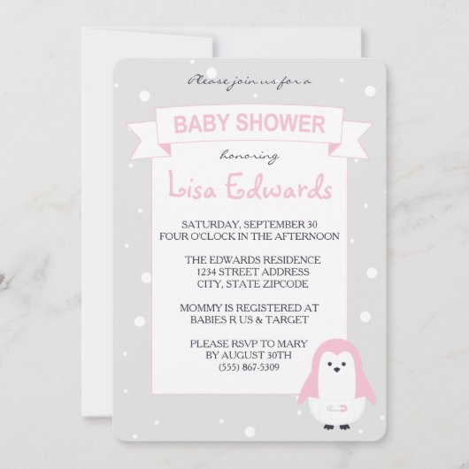 Invitation de baby shower de pingouin de roses (Devant)
