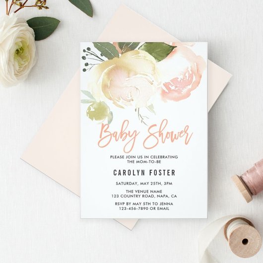 Invitation de Baby shower de pivoine d'ivoire rose
