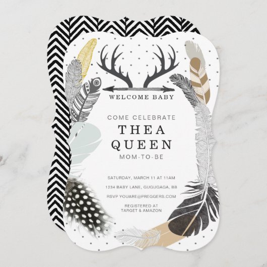 Invitation de Baby shower de plume Boho noir (Devant / Derrière)