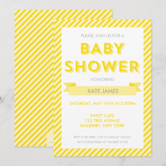 Invitation de Baby shower de rayures jaunes modern (Devant / Derrière)