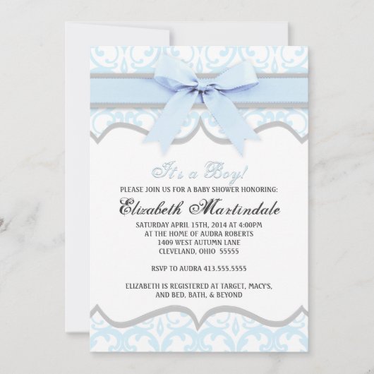 Invitation de baby shower de ruban bleu de coeur (Devant)