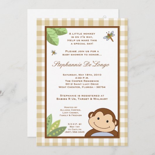 invitation de baby shower de safari de singe de (Devant / Derrière)