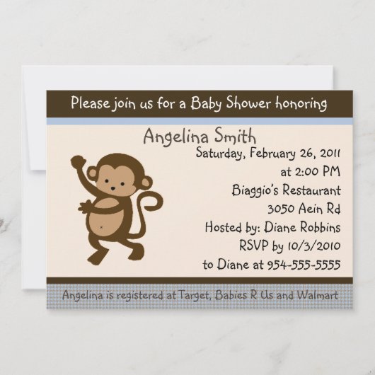 Invitation de Baby shower de singe dansant (Devant)