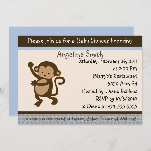 Invitation de Baby shower de singe dansant (Devant / Derrière)