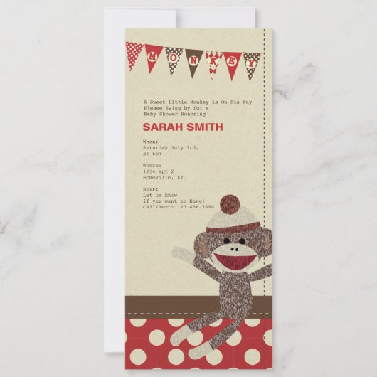 Invitation de baby shower de singe de chaussette (Devant)