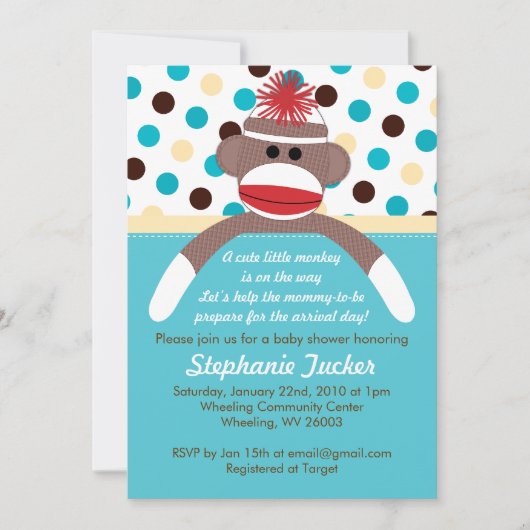 Invitation de baby shower de singe de chaussette (Devant)