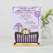 Invitation de Baby shower de singe violet (Debout devant)