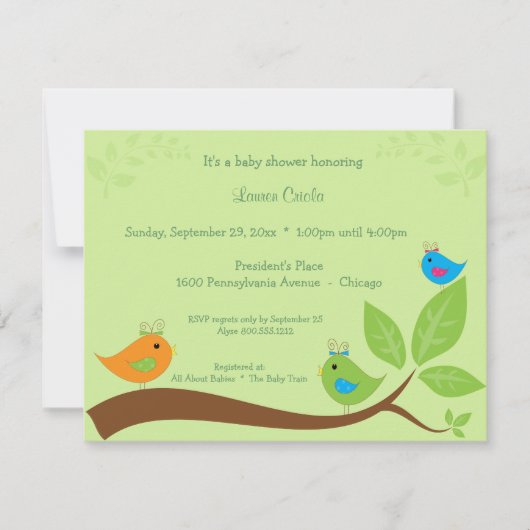 Invitation de baby shower de trois petite oiseaux (Devant)