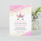 Invitation de Baby shower de Unicorne d'or rose (Debout devant)