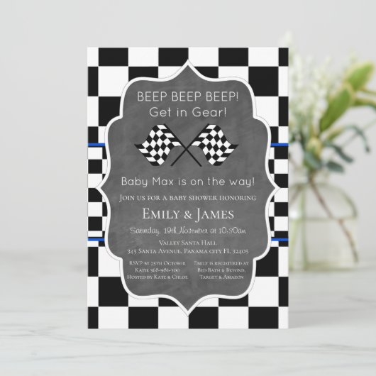 Invitation de Baby Shower de voiture de course, In (Debout devant)