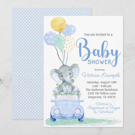 Invitation de Baby shower de voiture petit éléphan (Devant / Derrière)