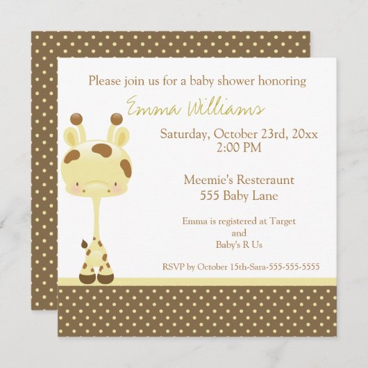 Invitation de Baby shower de widget Girafe (Devant / Derrière)