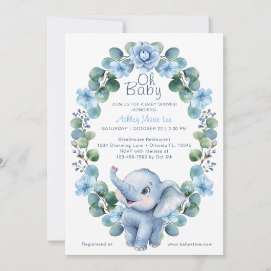 Invitation de Baby shower d'éléphant à l'aquarelle (Devant)