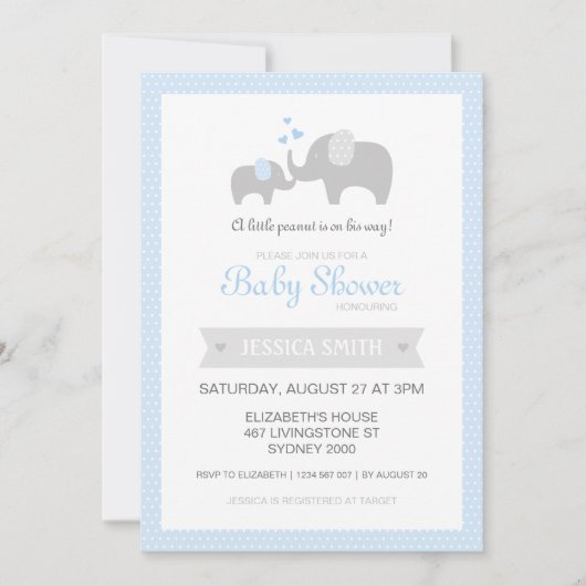 Invitation de baby shower d'éléphant - bleu (Devant)